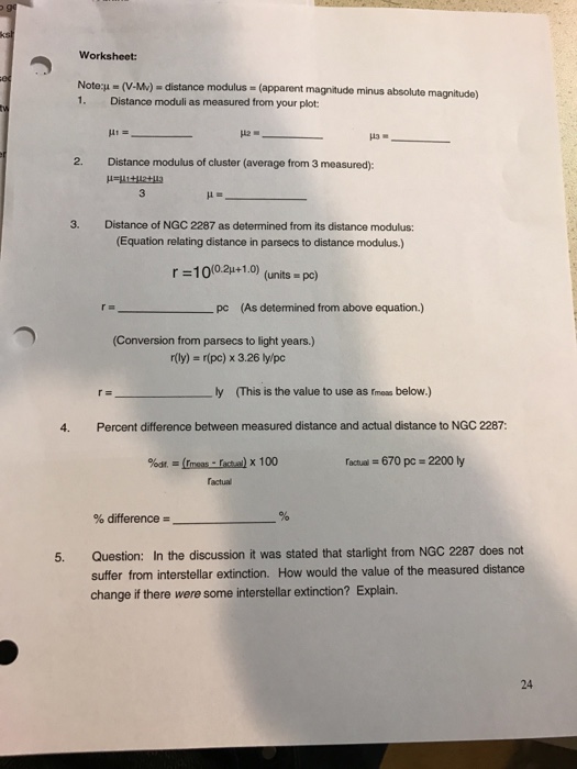 Solved Worksheet: Note:u (v.M) distance modulus apparent | Chegg.com