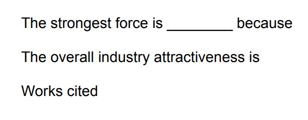 The strongest force is because The overall industry attractiveness is Works cited