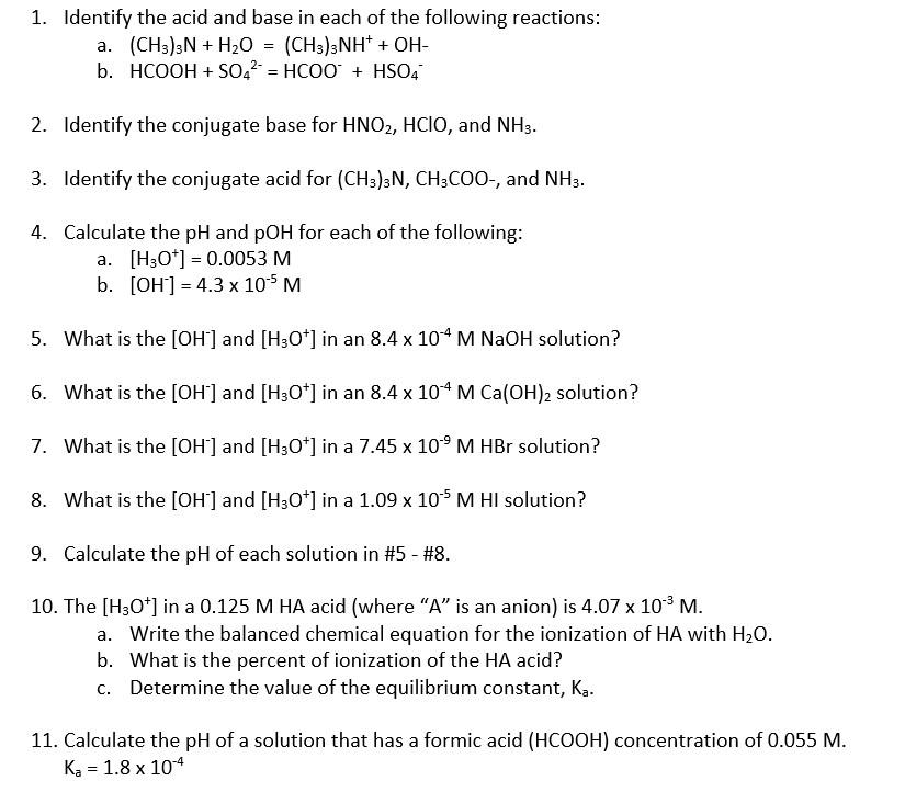 Solved 1. Identify the acid and base in each of the | Chegg.com