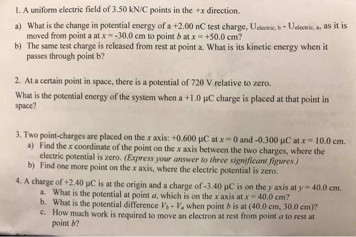 Solved 1. A uniform electric field of 3.50 kN/C points in | Chegg.com