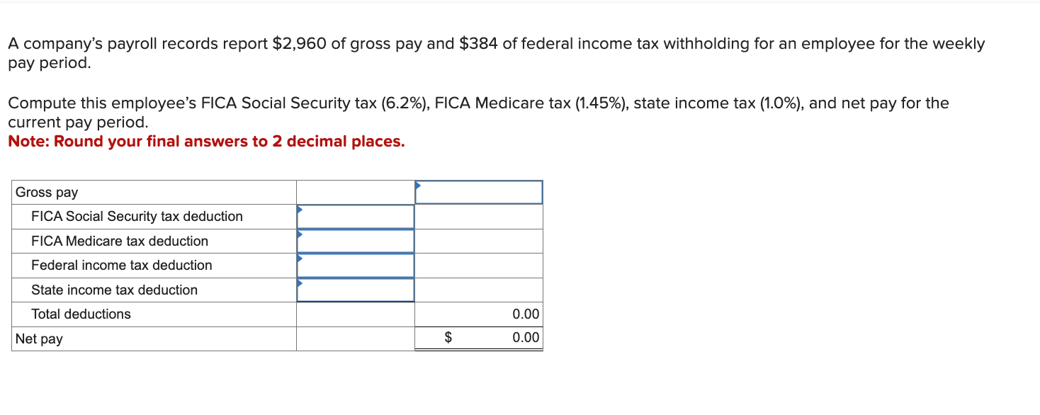 Solved A company&rsquo;s payroll records report $2,960 of gross | Chegg.com