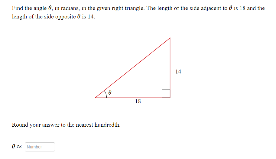 Solved Find the angle , in radians, in the given right | Chegg.com