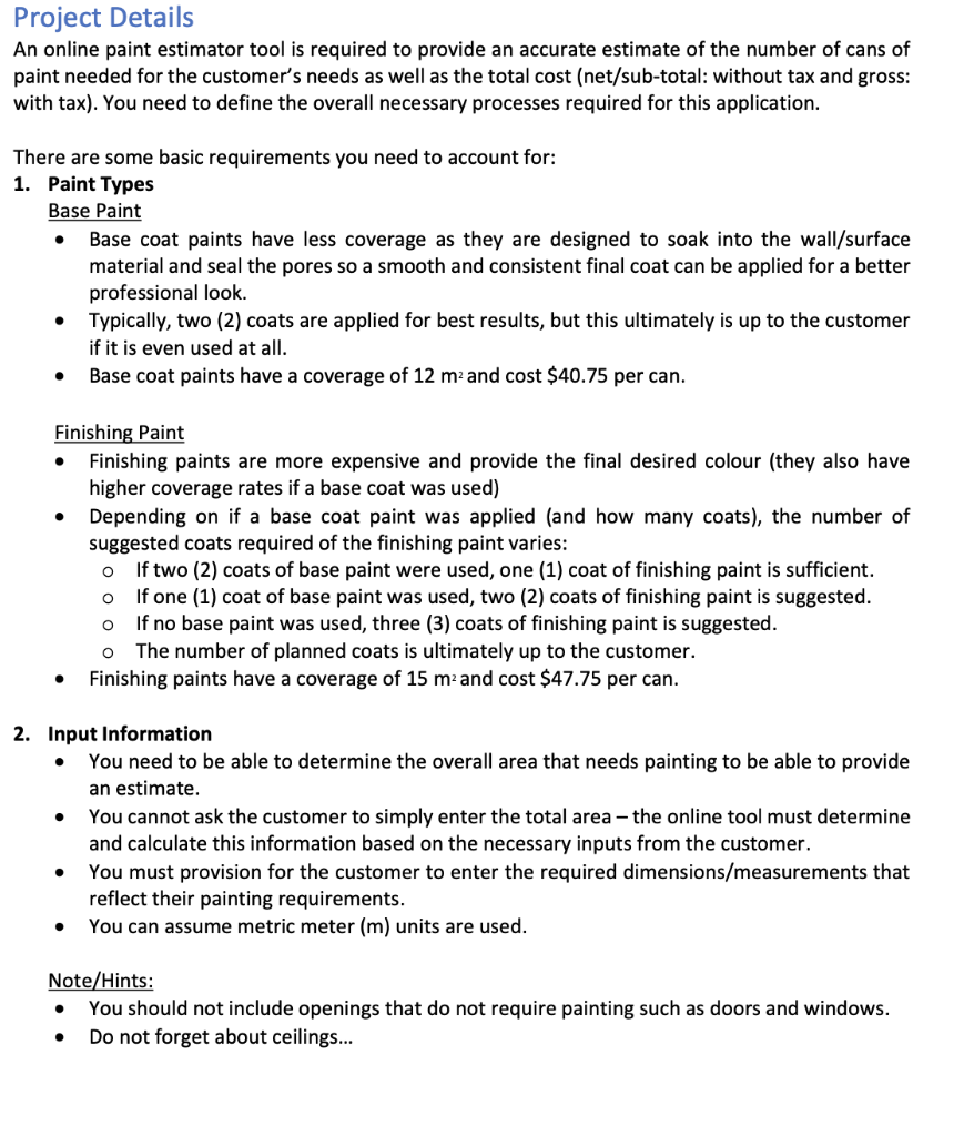 Solved Project Details An online paint estimator tool is Chegg