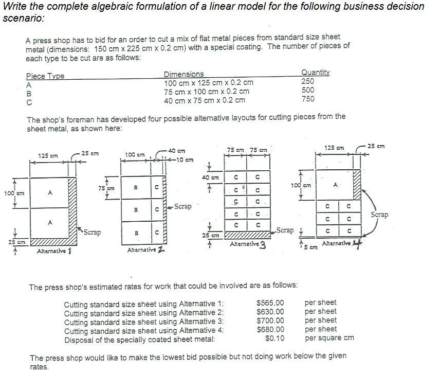 Write the complete algebraic formulation of a linear model for the following business decision scenario: a press shop has to