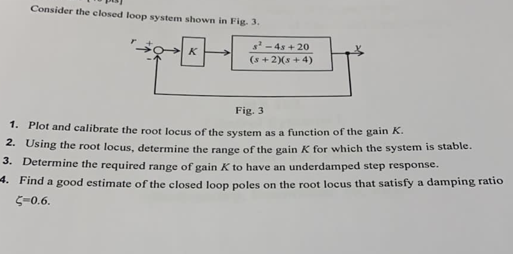 Solved Consider The Closed Loop System Shown In Fig. 3. K S? | Chegg.com