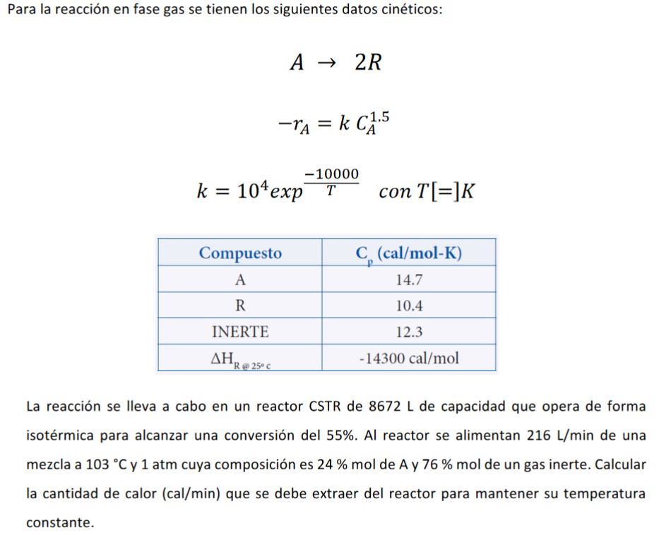 Para la reacción en fase gas se tienen los siguientes datos cinéticos: \[ \begin{array}{c} A \rightarrow 2 R \\ -r_{A}=k C_{A