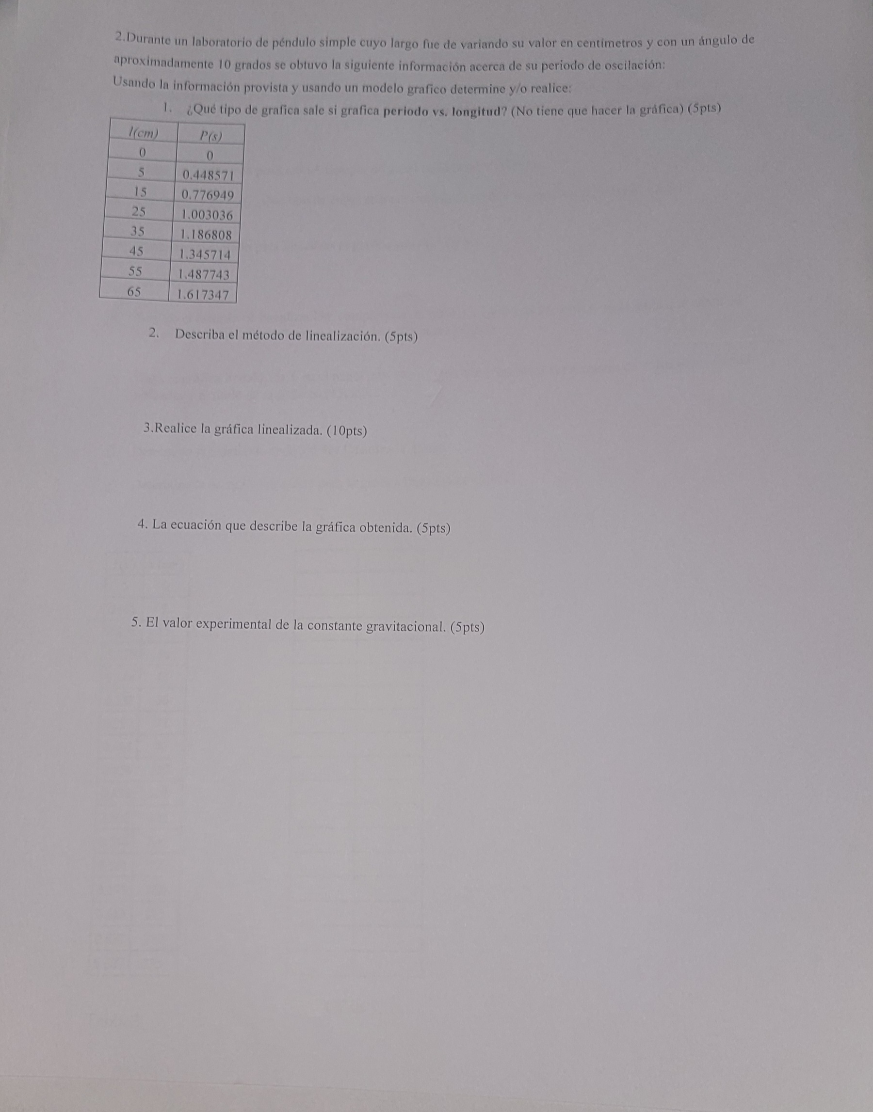 2.Durante un laboratorio de péndulo simple cuyo largo fue de variando su valor en centimetros y con un ångulo de aproximadame