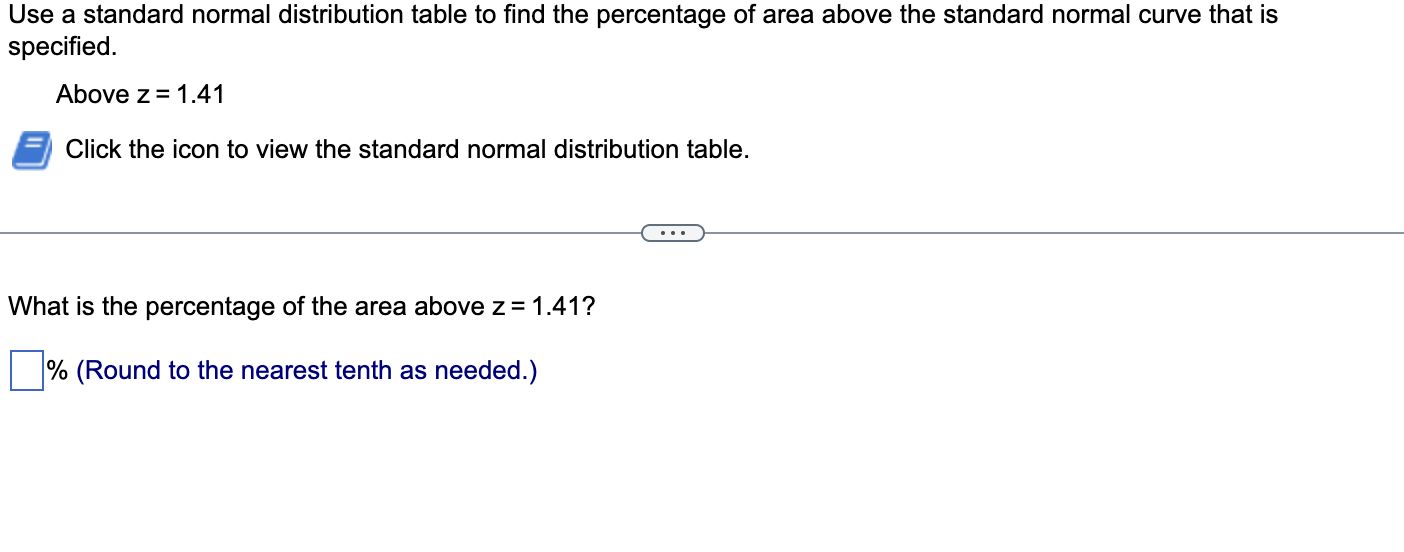 Use a standard normal distribution table to find the percentage of area above the standard normal curve that is specified.
Ab