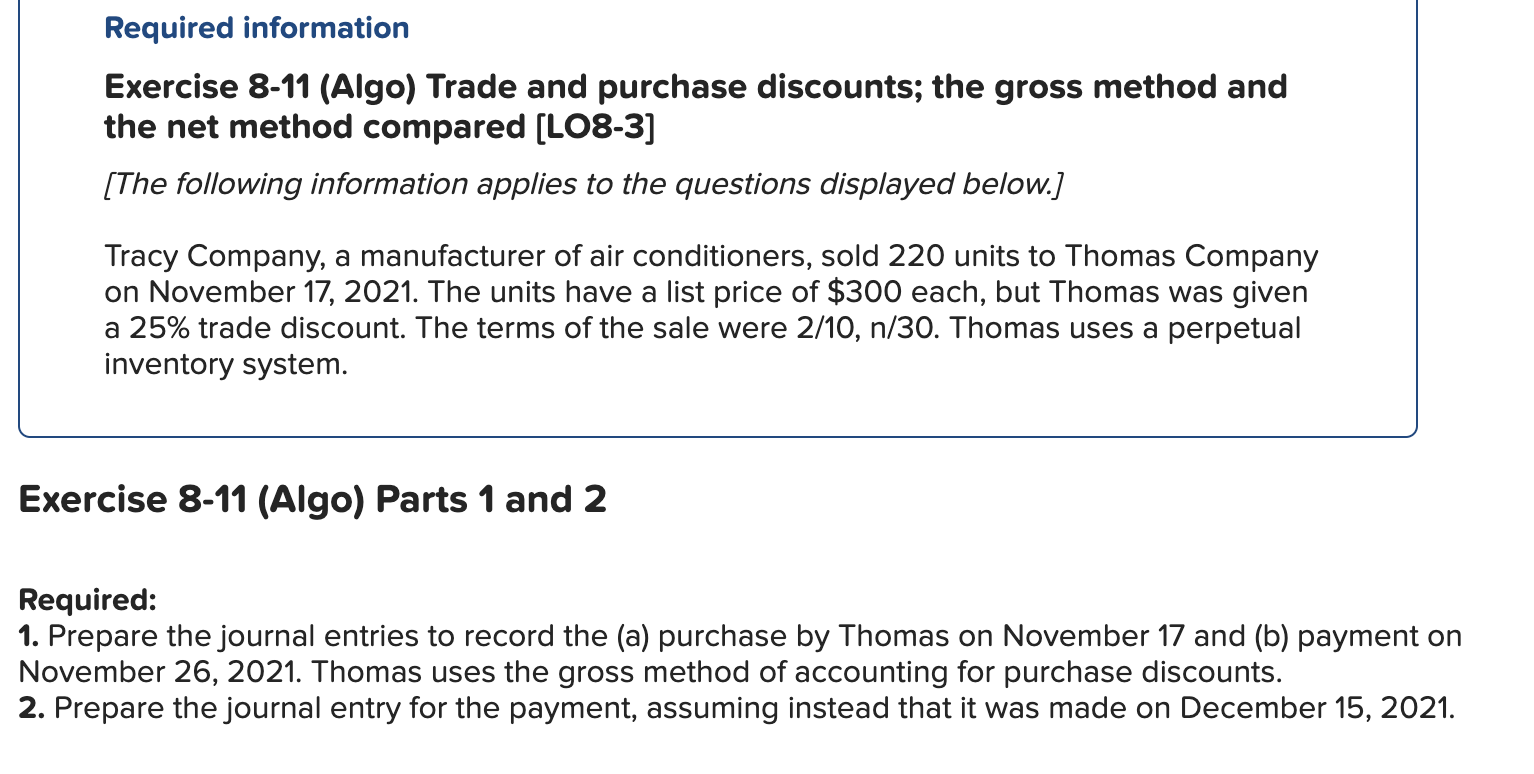 Solved Required information Exercise 8-11 (Algo) Trade and | Chegg.com