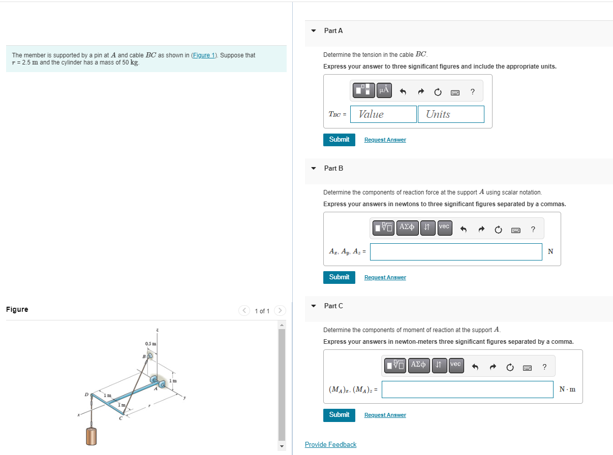 Solved The member is supported by a pin at A and cable BC as | Chegg.com