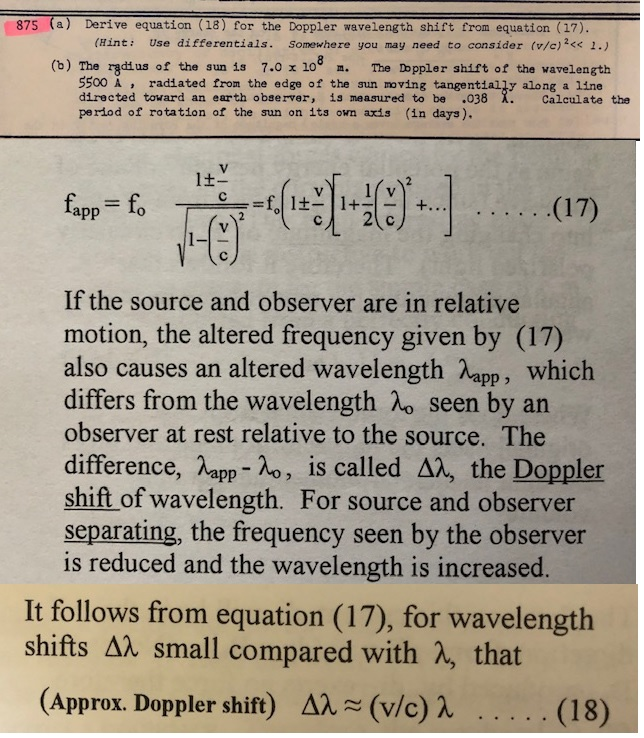 Solved 875 (a) Derive equation (18) for the Doppler | Chegg.com