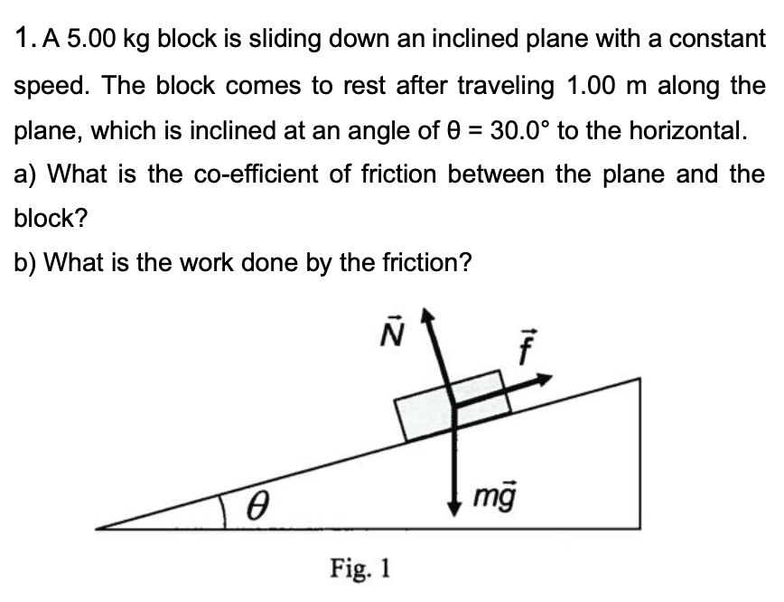 Solved 1. A 5.00 Kg Block Is Sliding Down An Inclined Plane | Chegg.com