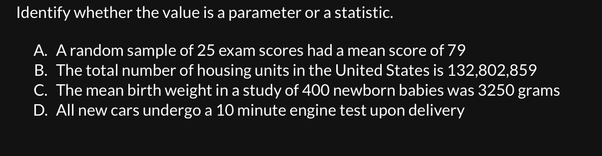 Solved Identify whether the value is a parameter or a | Chegg.com