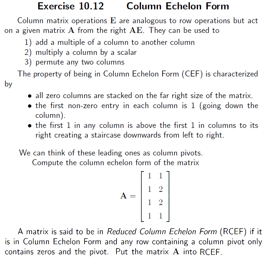 Solved Exercise 10.12 Column Echelon Form Column matrix Chegg