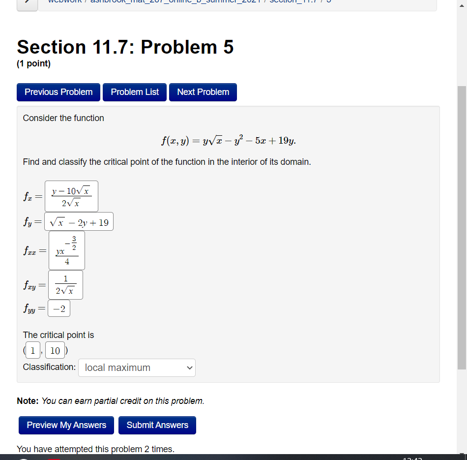 Solved Section 11.7: Problem 5 (1 point) Previous Problem | Chegg.com