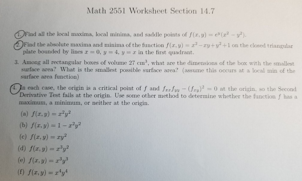 Solved Math 2551 Worksheet Section 14.7 1. Find all the | Chegg.com