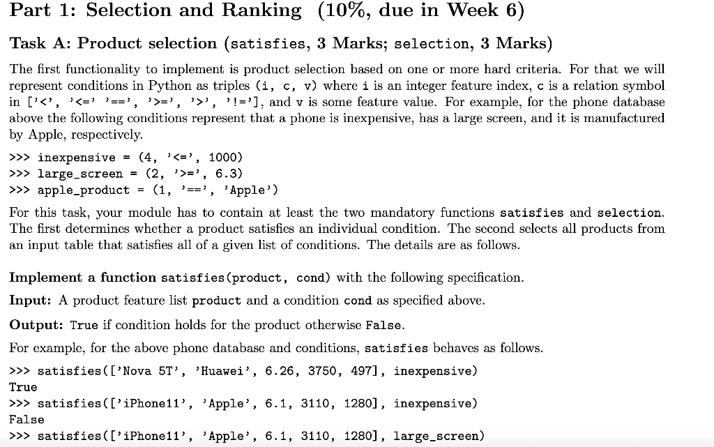 Solved Part 1: Selection and Ranking (10%, due in Week 6) | Chegg.com