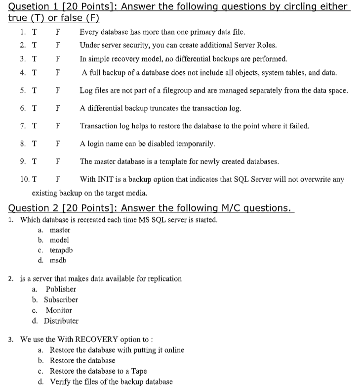 Solved Qusetion 1 [20 Points]: Answer the following | Chegg.com