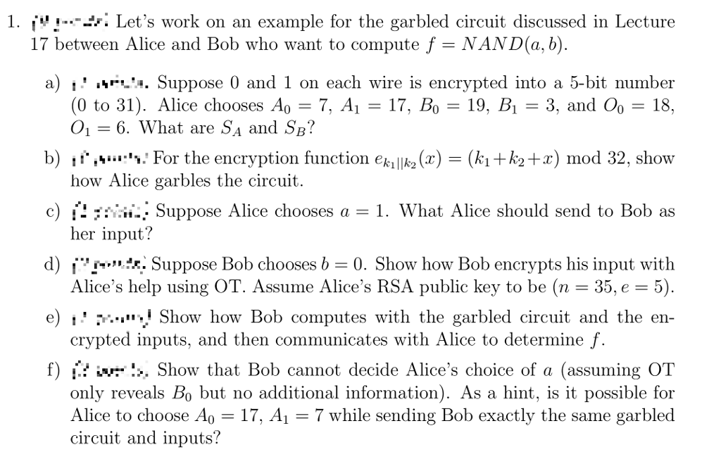 Let's work on an example for the garbled circuit | Chegg.com