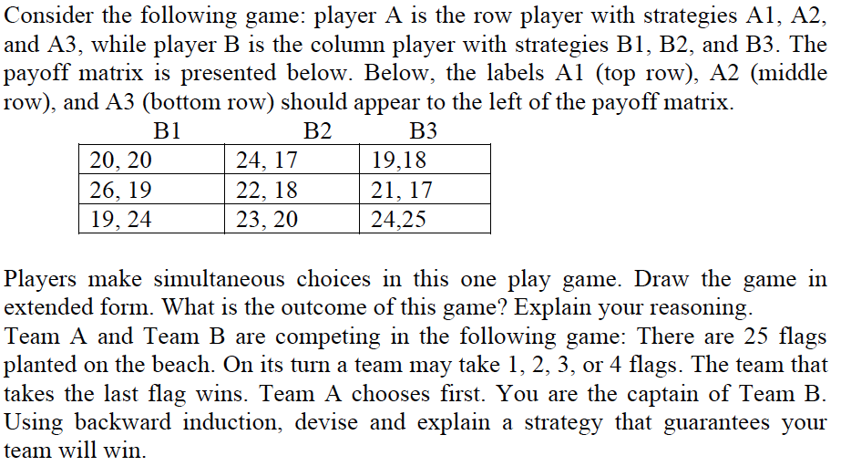 Consider The Following Game: Player A Is The Row | Chegg.com