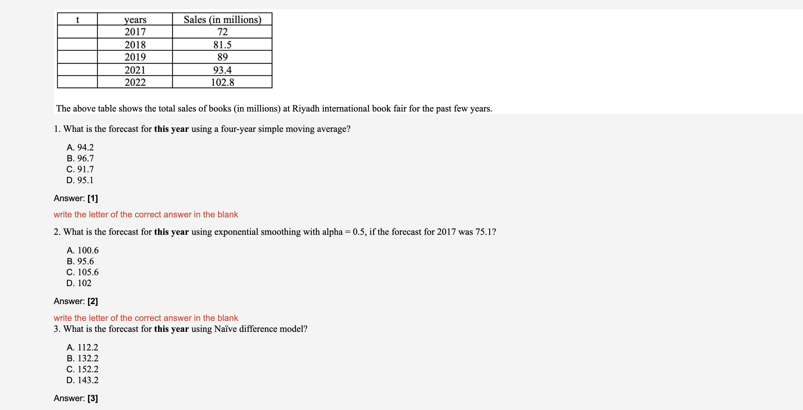 Solved 1. What is the forecast for this year using a | Chegg.com