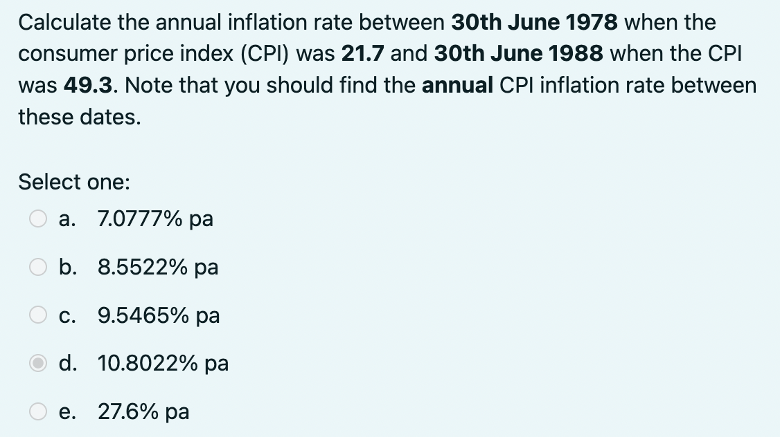 Calculate the annual inflation rate between 30th June 1978 when the consumer price index (CPI) was 21.7 and 30th June 1988 wh