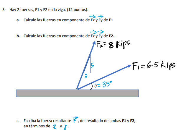 3- Hay 2 fuerzas, F1 y F2 en la viga. (12 puntos). ܛܸܠܸ a. Calcule las fuerzas en componente de Fx y Fy de F1 b. Calcule las