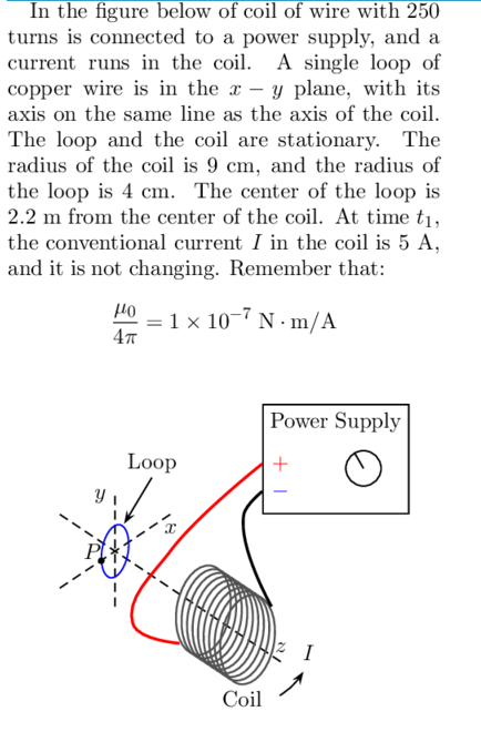 In the figure below of coil of wire with 250 turns is connected to a power supply, and a current runs in the coil. A single l