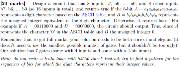 Solved [20 marks] Design a circuit that has 8 inputs a7, a6, | Chegg.com