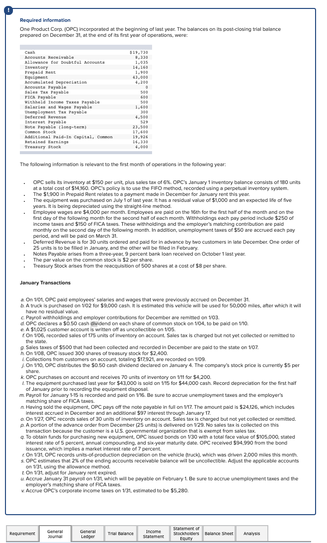 Solved Required information One Product Corp. (OPC) | Chegg.com