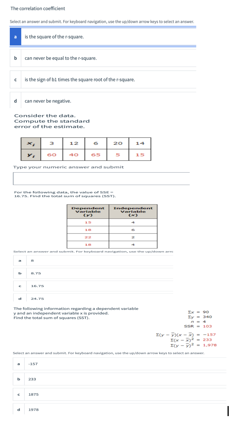 Solved The correlation coefficient Select an answer and | Chegg.com