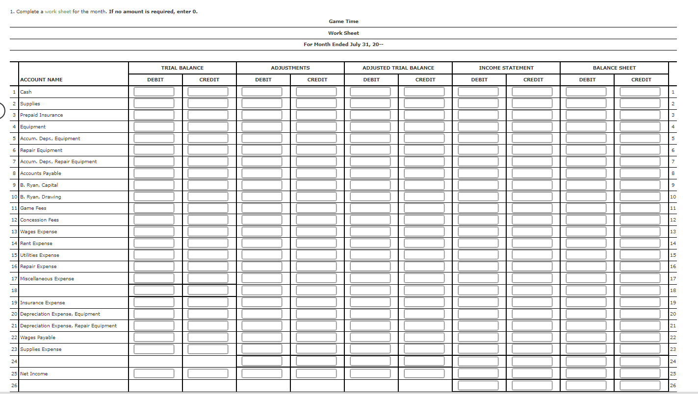 Solved 1. Complete a work sheet for the month. If no amount | Chegg.com