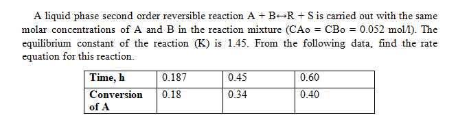 Solved = A liquid phase second order reversible reaction A + | Chegg.com