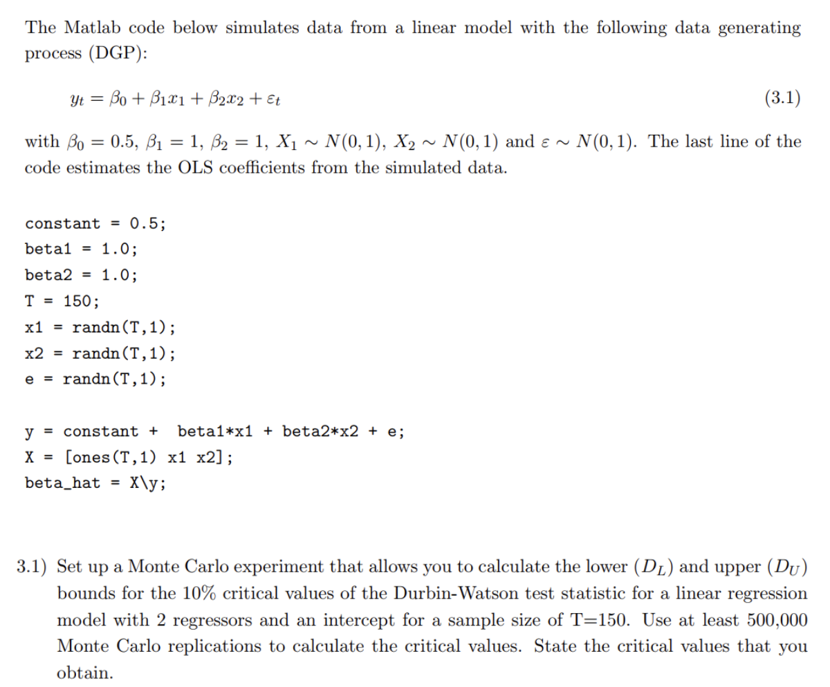 Solved The Matlab Code Below Simulates Data From A Linear | Chegg.com