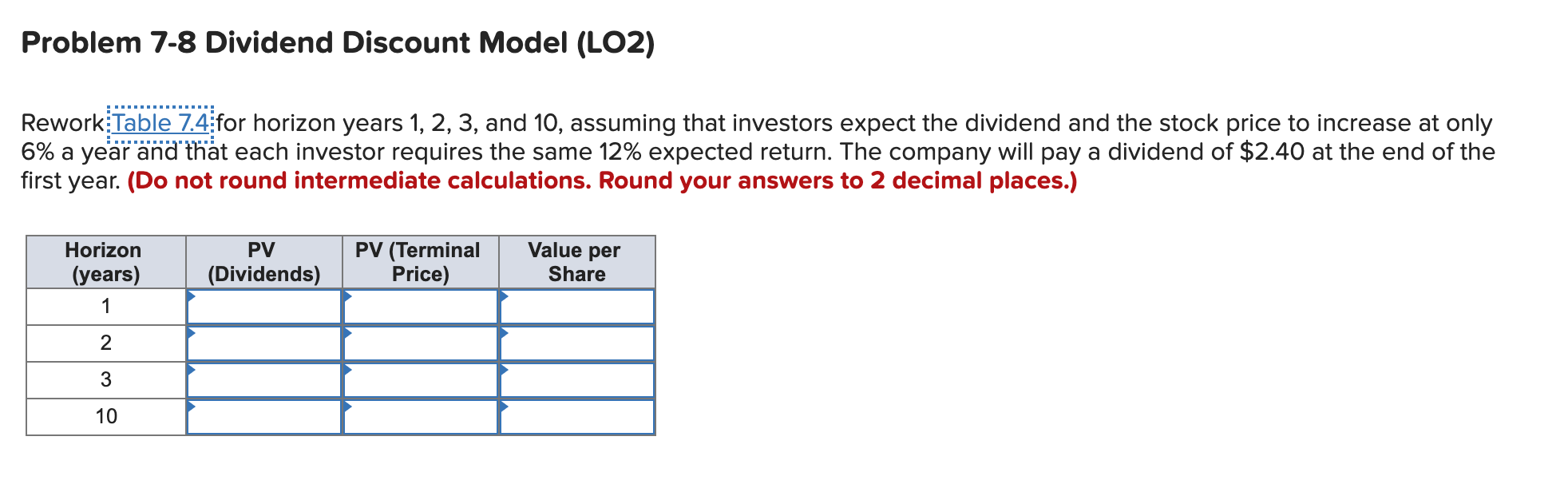 Solved Problem 7-8 Dividend Discount Model (LO2) Rework | Chegg.com