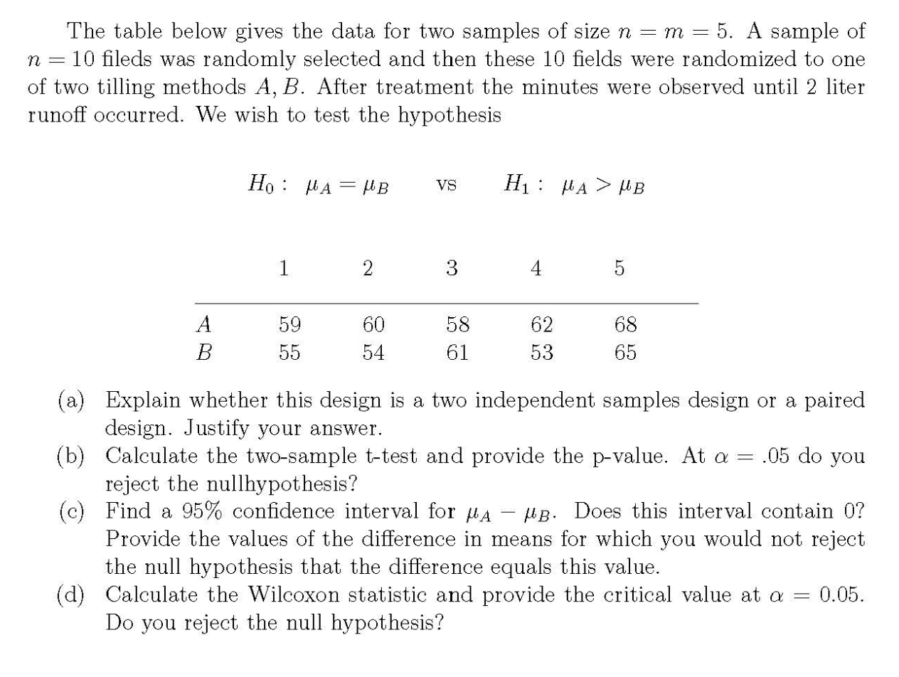 Solved The table below gives the data for two samples of | Chegg.com