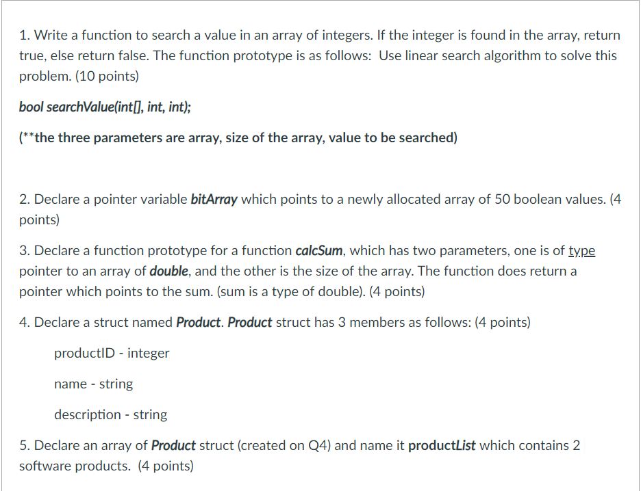 Solved 1. Write a function to search a value in an array of | Chegg.com