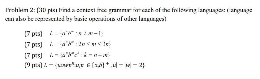 Solved Problem 2: (30 pts) Find a context free grammar for | Chegg.com