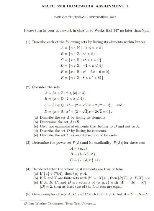 Solved MATH 3310 HOMEWORK ASSIGNMENT 1 DUE ON THURSDAY 1 | Chegg.com