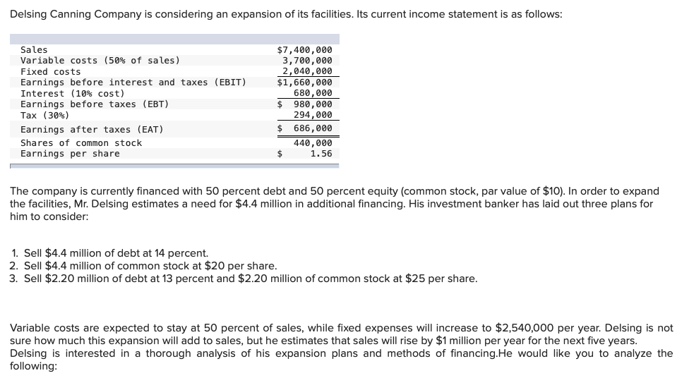 Solved Delsing Canning Company is considering an expansion | Chegg.com