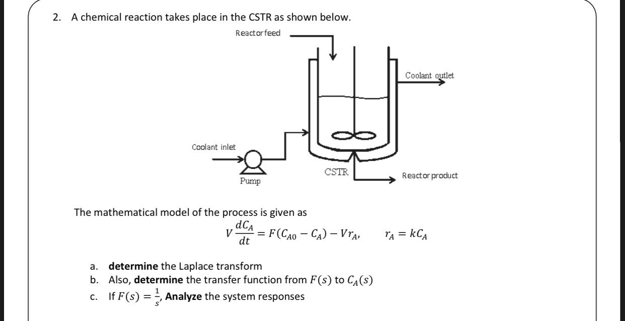 Solved 2. A chemical reaction takes place in the CSTR as | Chegg.com