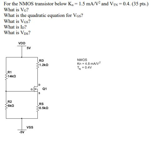 Solved For the NMOS transistor below K, = 1.5 mA/V2 and VTN | Chegg.com