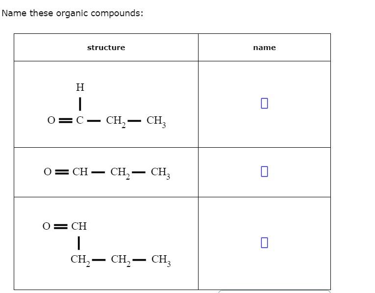 Solved Name these organic compounds: structure name H | o=C- | Chegg.com