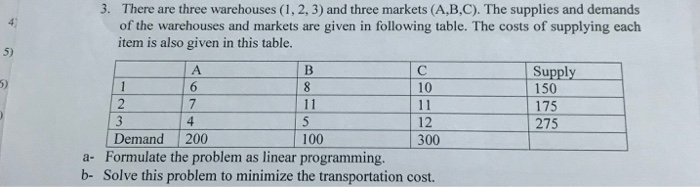 Solved 3. There are three warehouses (1, 2, 3) and three | Chegg.com