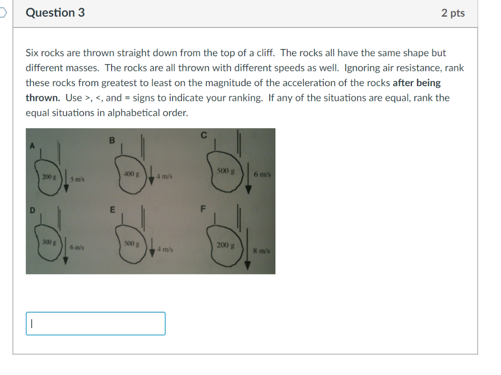 Solved 2 pts Question 3 Six rocks are thrown straight down | Chegg.com