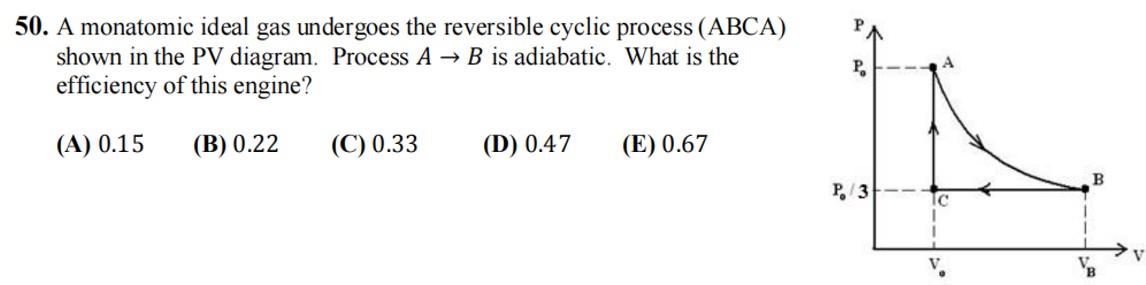 Solved 50. A monatomic ideal gas undergoes the reversible | Chegg.com