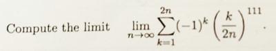 Compute the limit \( \quad \lim _{n \rightarrow \infty} \sum_{k=1}^{2 n}(-1)^{k}\left(\frac{k}{2 n}\right)^{111} \)