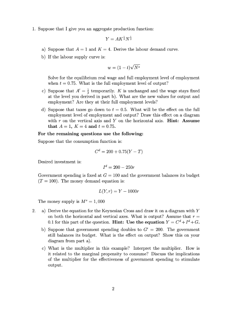 Solved 1. Suppose That I Give You An Aggregate Production | Chegg.com