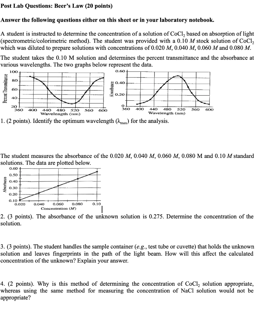 Solved Post Lab Questions Beer's Law (20 points) Answer the