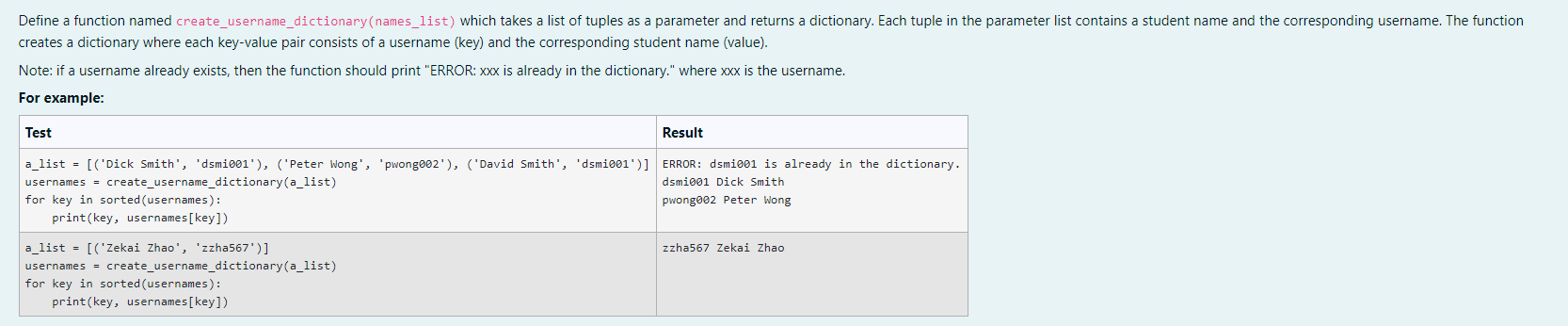 Solved Define a function named create_username_dictionary | Chegg.com